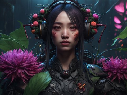 Futuristic Woman with Floral Headset in a Mystical Forest