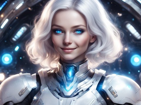 Futuristic Woman with Glowing Blue Eyes in Advanced Armor