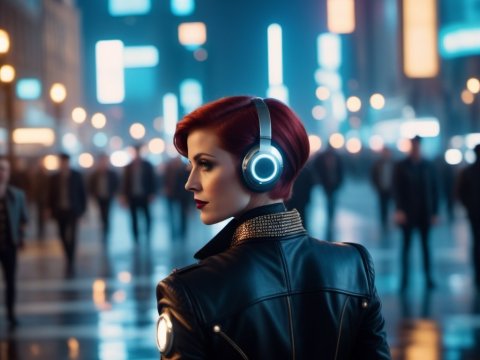 Futuristic Woman with Neon Headphones in Cyberpunk City