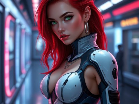 Futuristic Woman with Red Hair in Cybernetic Armor