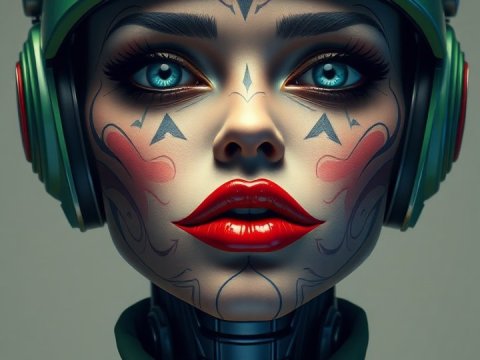 Futuristic Woman with Tattoos and Green Helmet