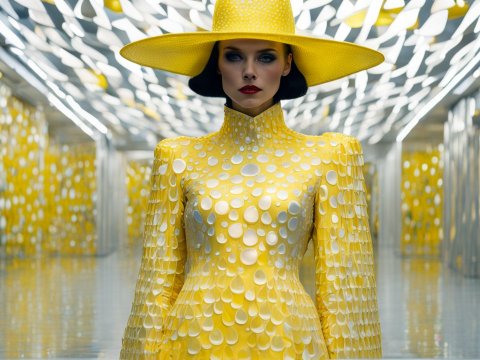 Futuristic Yellow Dress with Geometric Patterns in Modern Hallway