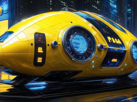 Futuristic Yellow Pod in Neon Cityscape