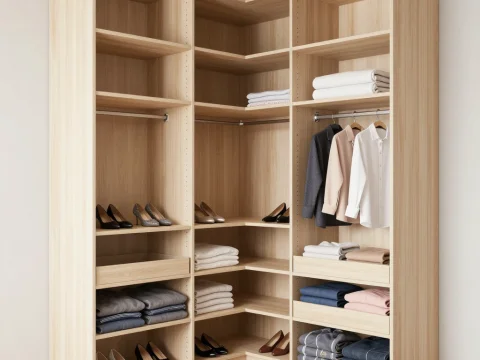 G-Shaped Wooden Dressing Room Closet with Organized Shelves