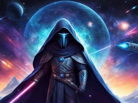 Galactic Warrior with Hood and Lightsaber in Cosmic Battle