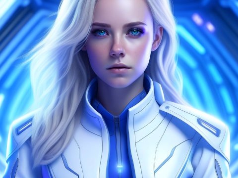 Galactic Woman with Piercing Blue Eyes in Futuristic Suit