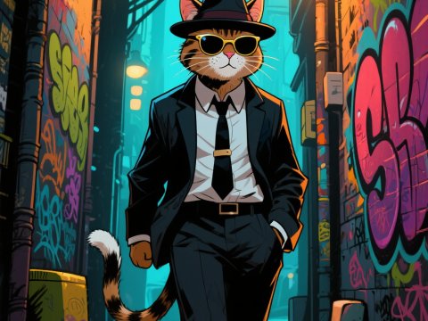 Gangster Cat in a Stylish Suit Walking Down Graffiti Alley