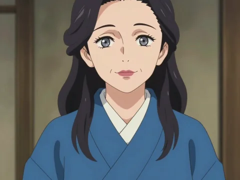 Gentle Elderly Woman in Traditional Blue Kimono