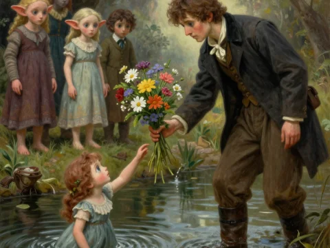 Gentleman Offering Flowers to a Girl in a Magical Forest