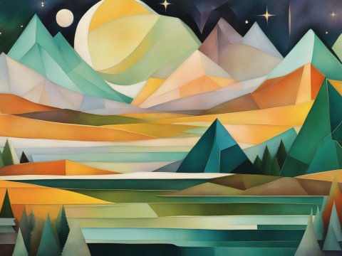 Geometric Abstract Landscape with Moon and Stars