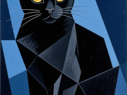 Geometric Black Bombay Cat with Yellow Eyes