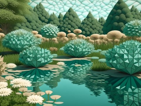 Geometric Flora in a Serene Pond Landscape