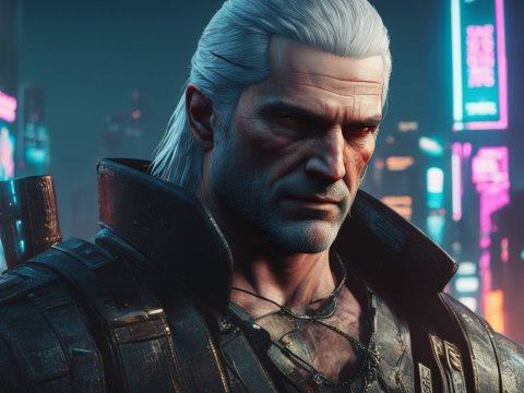 Geralt of Rivia in Cyberpunk Cityscape