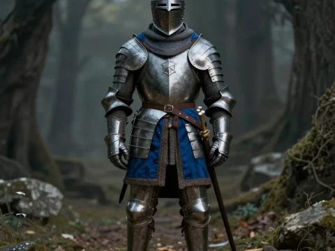 Germanic Knight in Full Armor Standing in Forest