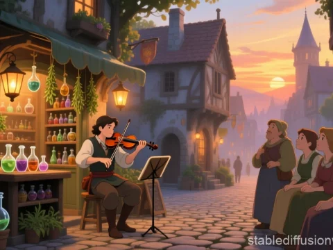 Ghibli-Style Fantasy Town Evening with Violinist