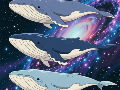 Ghibli-Style Whales Swimming Through Space
