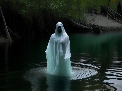 Ghostly Figure Emerging from Dark Lake