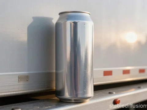 Giant Aluminum Can with Reflective Surface at Sunset
