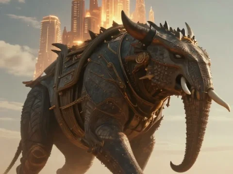 Giant Armored Elephant Creature in Futuristic Desert City