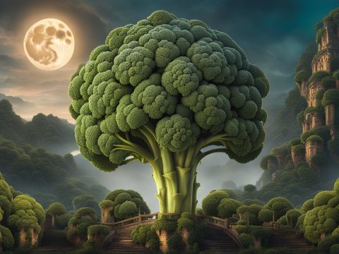 Giant Broccoli Tree in Mystical Landscape Under Full Moon
