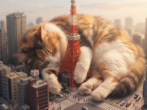 Giant Cat Sleeping Among Tokyo Skyscrapers