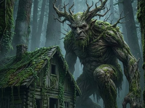 Giant Forest Guardian Creature Beside Mossy Cabin