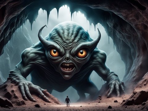Giant Horned Monster in a Dark Cave Facing a Small Human