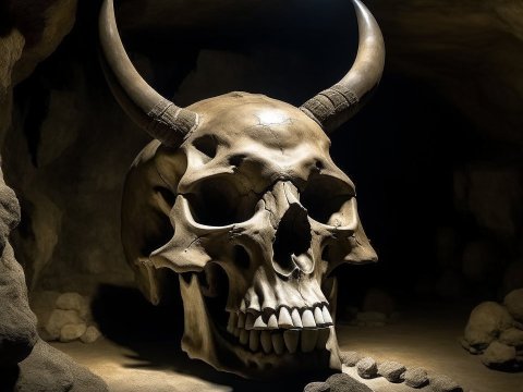 Giant Horned Skull in a Dark Cave