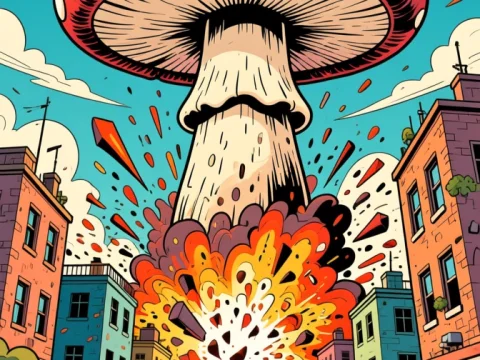 Giant Mushroom Cloud Explosion in City Street