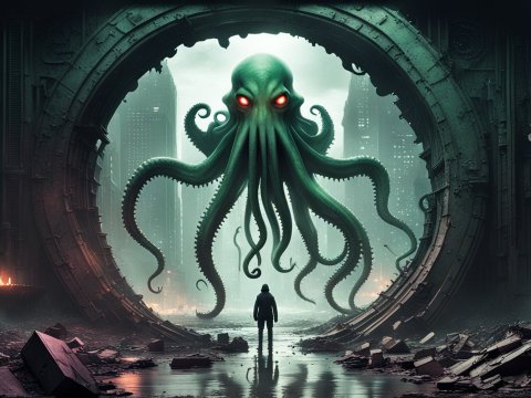 Giant Octopus Creature Facing Lone Figure in Ruined Cityscape