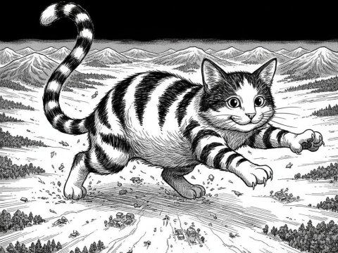 Giant Playful Cat Leaping Over a Detailed Landscape