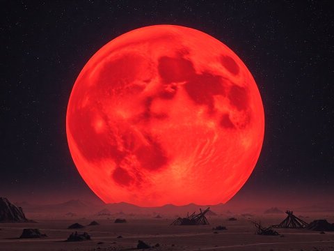 Giant Red Moon Over a Desolate Landscape