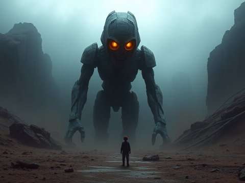 Giant Robotic Figure with Glowing Eyes Facing a Child in a Misty Canyon