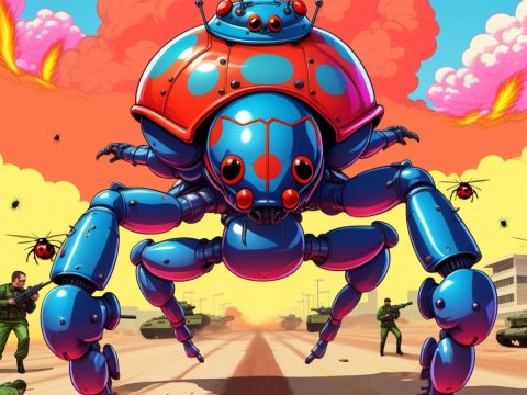 Giant Robotic Ladybug in a Military Battlefield