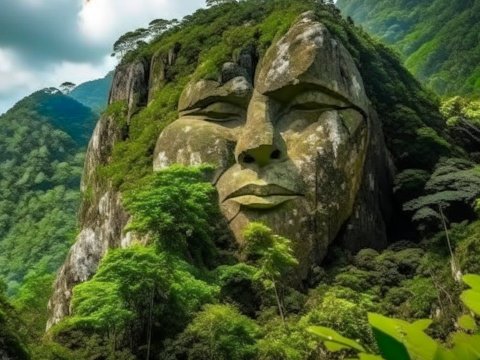 Giant Rock Face Sculpted in Lush Mountain Landscape