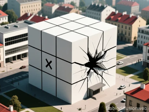 Giant Rubik's Cube Building with Cracked Wall in Urban Setting