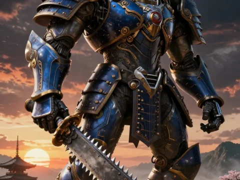 Giant Samurai Warrior in Futuristic Armor at Sunset