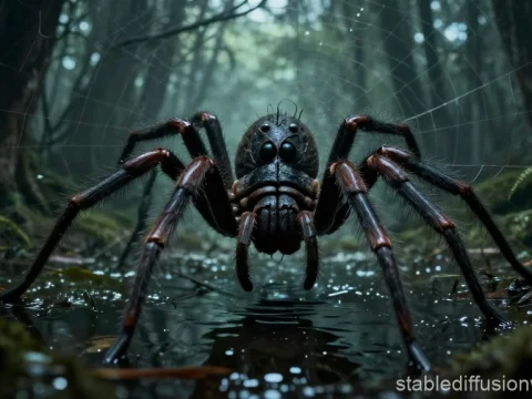 Giant Scary Spider in Dark Swamp Forest