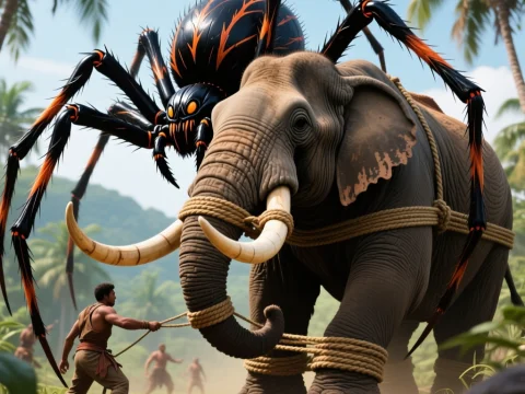 Giant Spider Perched on Bound Elephant in Jungle