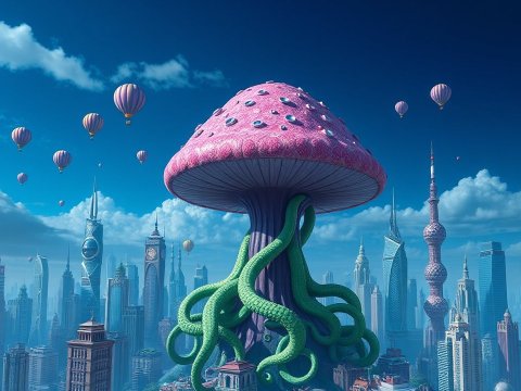 Giant Tentacled Mushroom Tower in Futuristic Cityscape