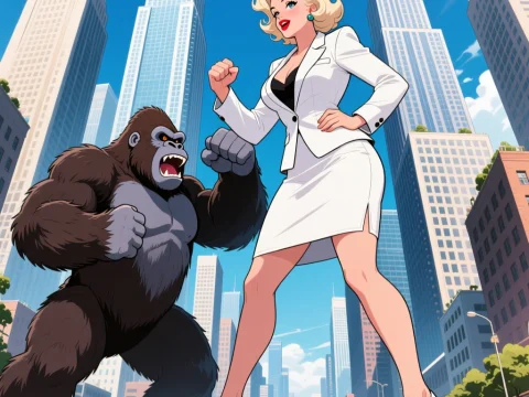 Giant Woman and Gorilla Facing Off in Cityscape