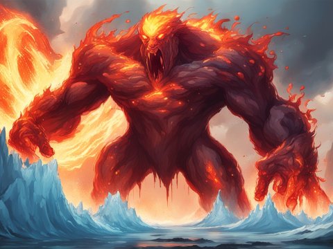 Gigantic Fiery Magma Titan in Volcanic Landscape