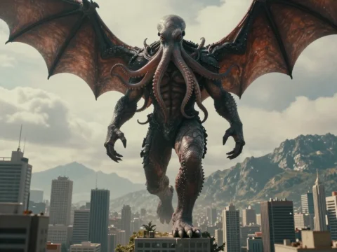 Gigantic Octopus-Headed Winged Creature Over City