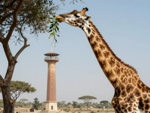 Giraffe Eating Leaves Near a Tower in a Savanna Landscape