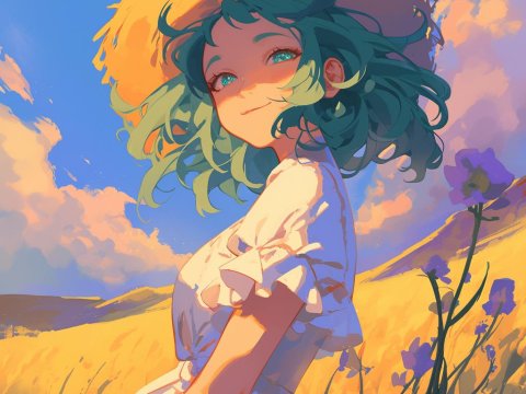 Girl in a Sunlit Field with Straw Hat