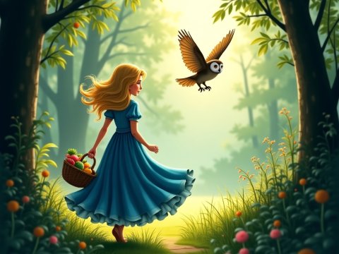 Girl in Blue Dress with Owl in Enchanted Forest