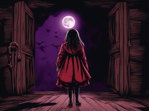 Girl in Red Coat Facing Full Moon in Dark Haunted Setting