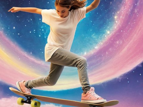 Girl Skateboarding Through a Cosmic Sky