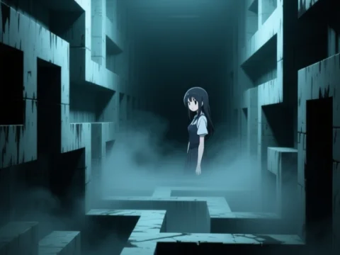 Girl Standing in a Dark, Foggy Maze