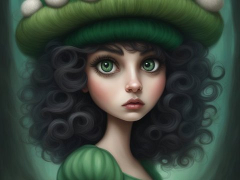 Girl Wearing a Puffball Mushroom Hat in Enchanted Forest